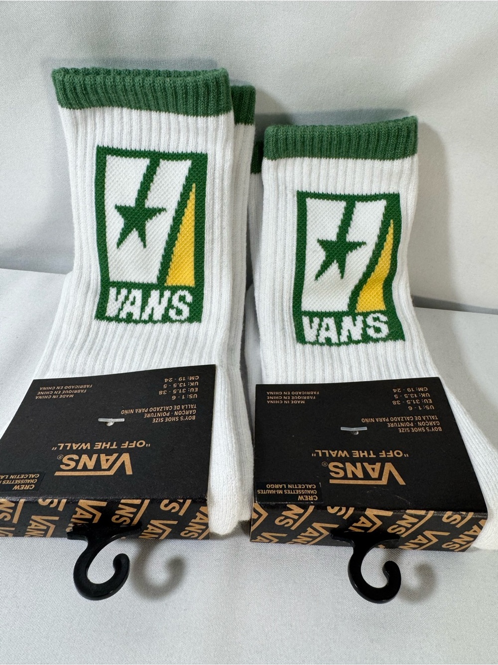 Vans White Crew Athletic Socks with Green and Yellow Logo - Pair - Picture 3 of 4